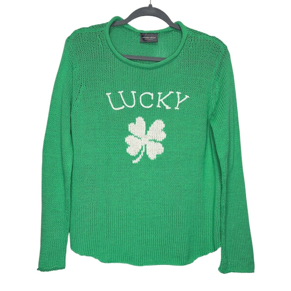 Wooden Ships Lucky Clover Green Knit Sweater Women S/M St Patricks Day Shamrock